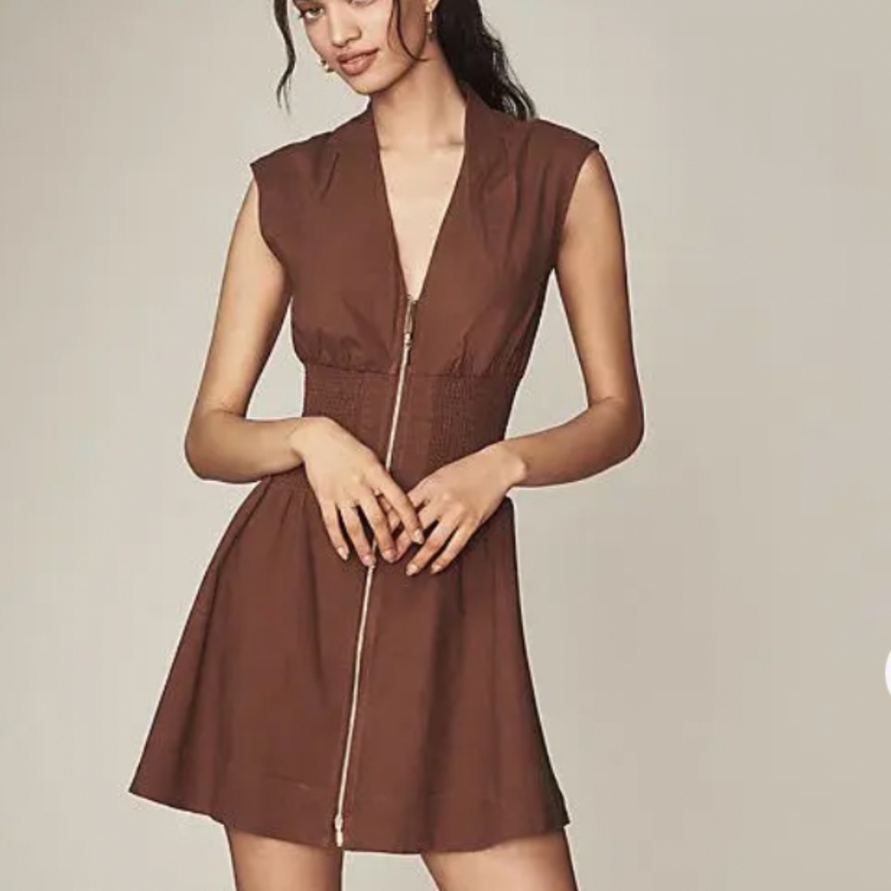 NWT ANTHROPOLOGIE Brown Cap-Sleeve Linen Smocked Front-Zip Mini Dress SIZE M